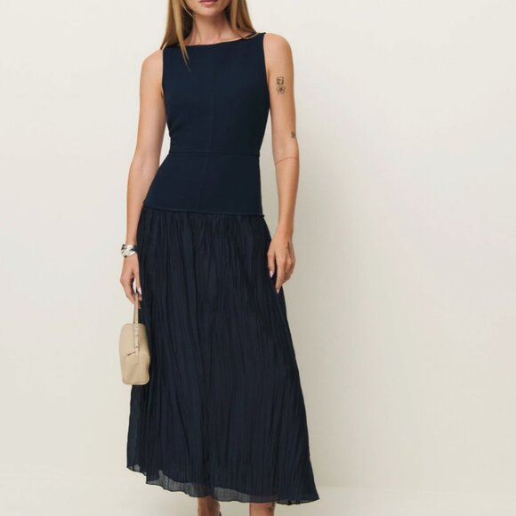 NEW Reformation Cyra Midi Dress Sz4 Navy Blue - Picture 3 of 10